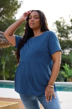 BUMP IT UP MATERNITY - Top Bleu Marine Coton Doux Smocké Plissé