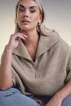 YOURS - Pull En Maille Couleur Taupe Manches Courtes