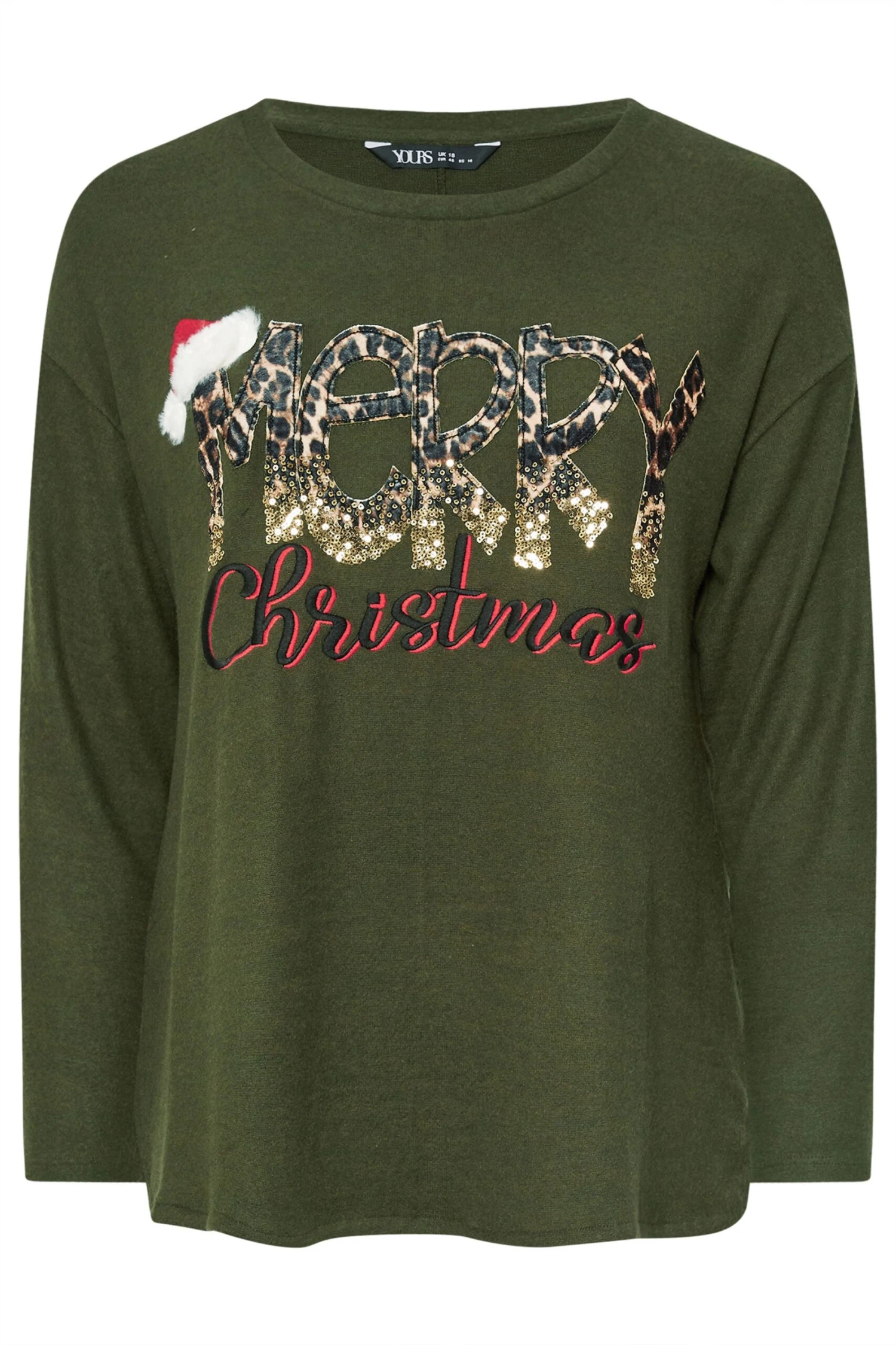 YOURS - Sweatshirt Vert Kaki Brodé 'Merry Christmas' Sequins Léopard 7 YOURS - Sweatshirt Vert Kaki Brodé 'Merry Christmas' Sequins Léopard – Image 5
