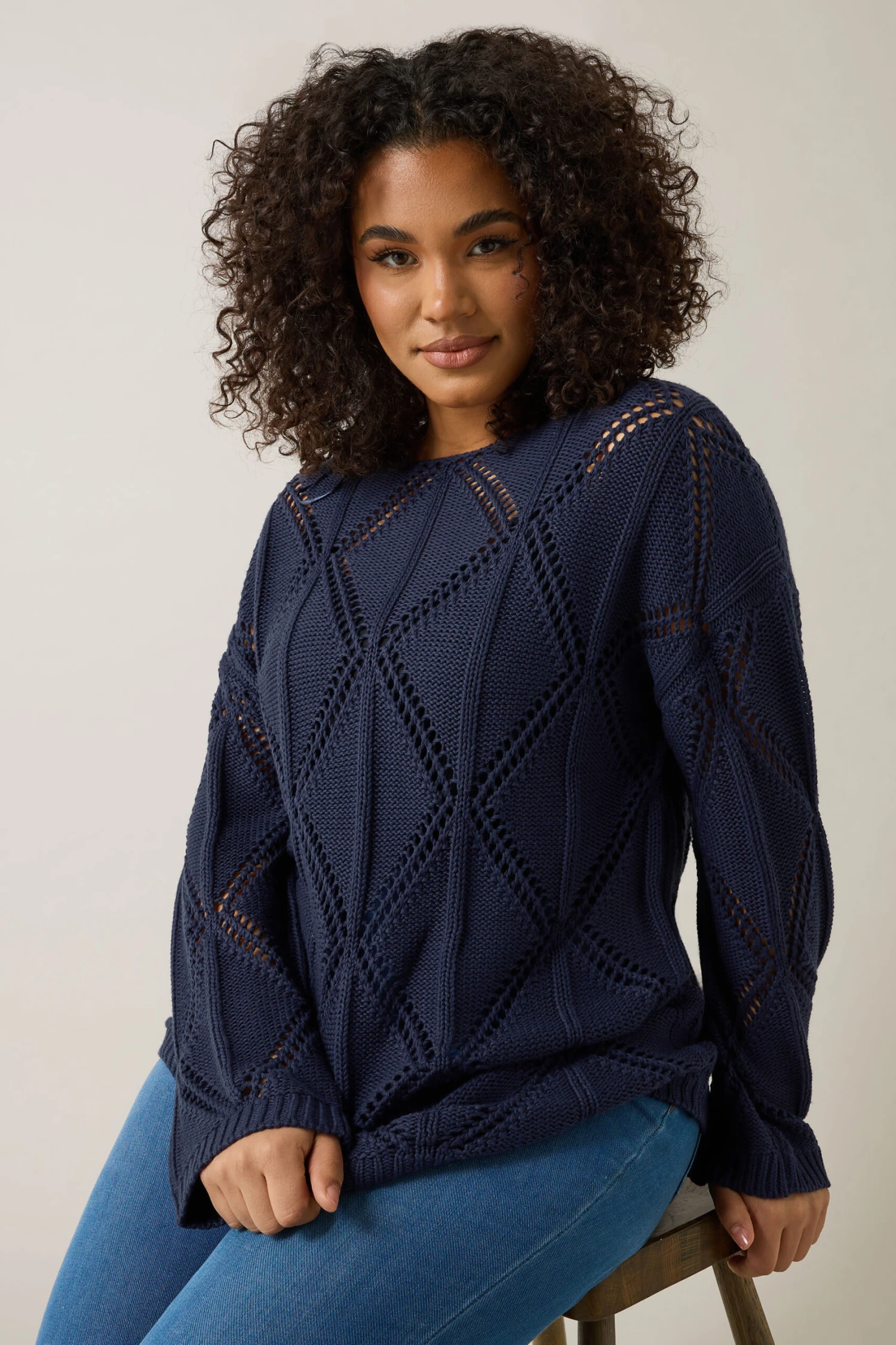 EVANS Curve Navy Blue Diamond Pointelle Jumper 4 EVANS Curve Navy Blue Diamond Pointelle Jumper – Image 2