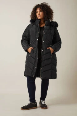 EVANS Curve Black Faux Fur Trim Padded Parka Coat