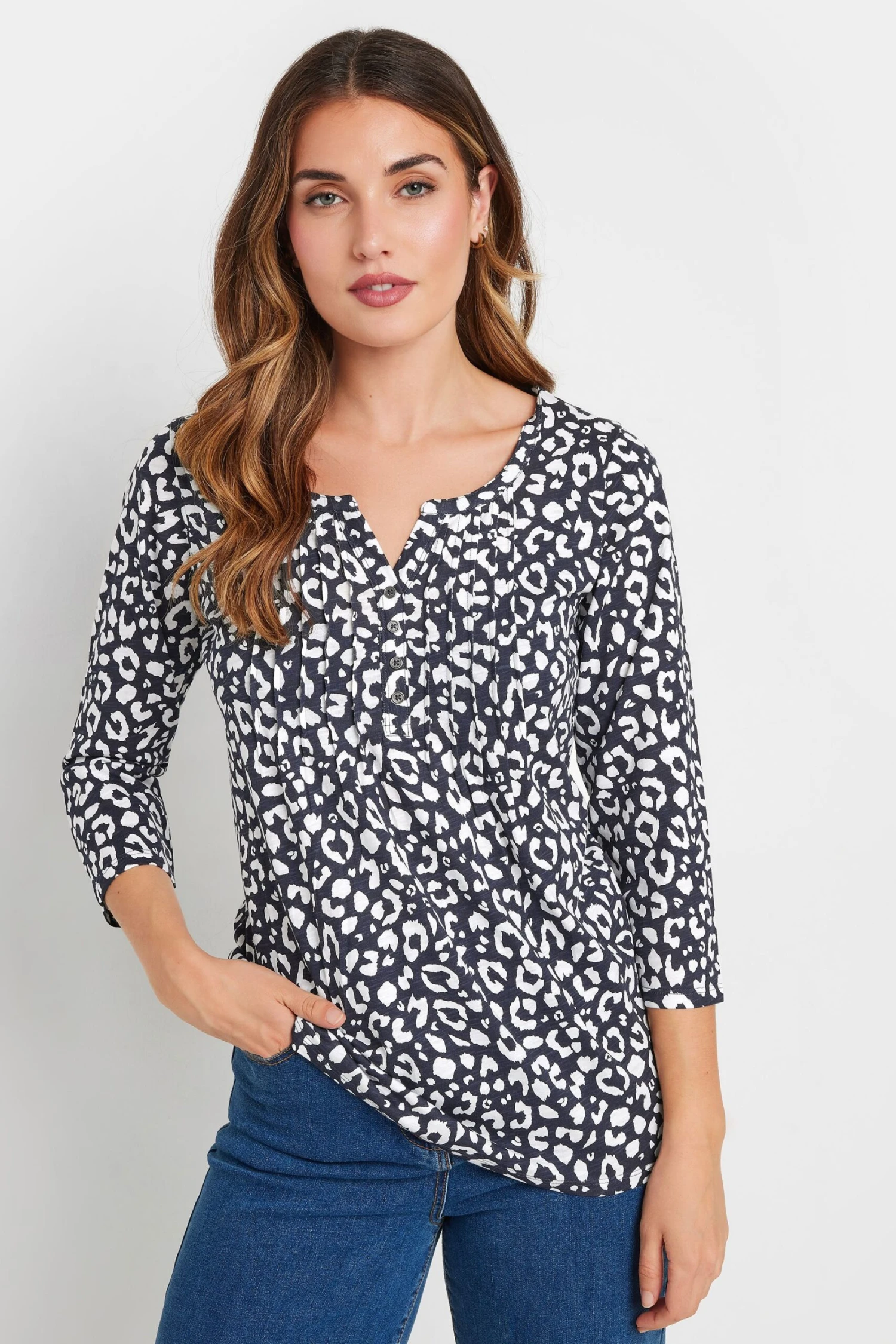 LTS Tall Navy Blue Leopard Print Henley Top 3 LTS Tall Navy Blue Leopard Print Henley Top