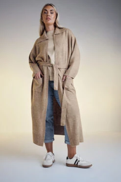 YOURS - Cardigan Maxi Marron Glacé Avec Ceinture