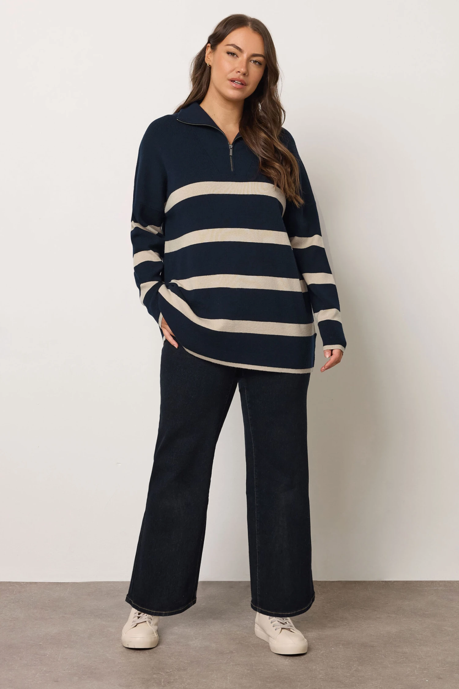 EVANS Curve Navy & White Stripe Quarter Zip Jumper 6 EVANS Curve Navy & White Stripe Quarter Zip Jumper – Image 4
