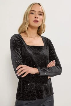 LTS Tall Black Velvet Glitter Square Neck Top