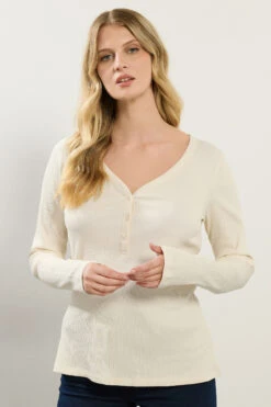 LTS Tall Ivory White Cotton Ribbed Henley Top