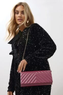 Burgundy Red Faux Leather Chevron Clutch Bag