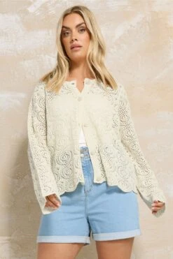 YOURS - Cardigan Crème Design Crochet Ourlet En Vague