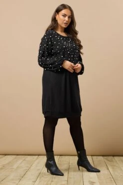 EVANS Curve Black Pearl Embellished Soft Touch Jumper Dress
