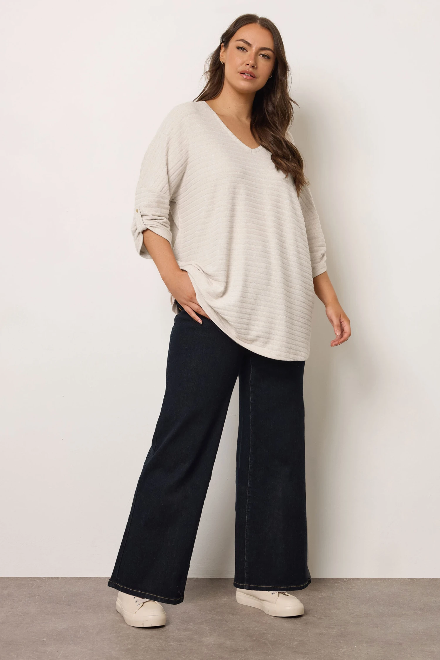 EVANS Curve Cream Tab Sleeve Ribbed Jumper 4 EVANS Curve Cream Tab Sleeve Ribbed Jumper – Image 2