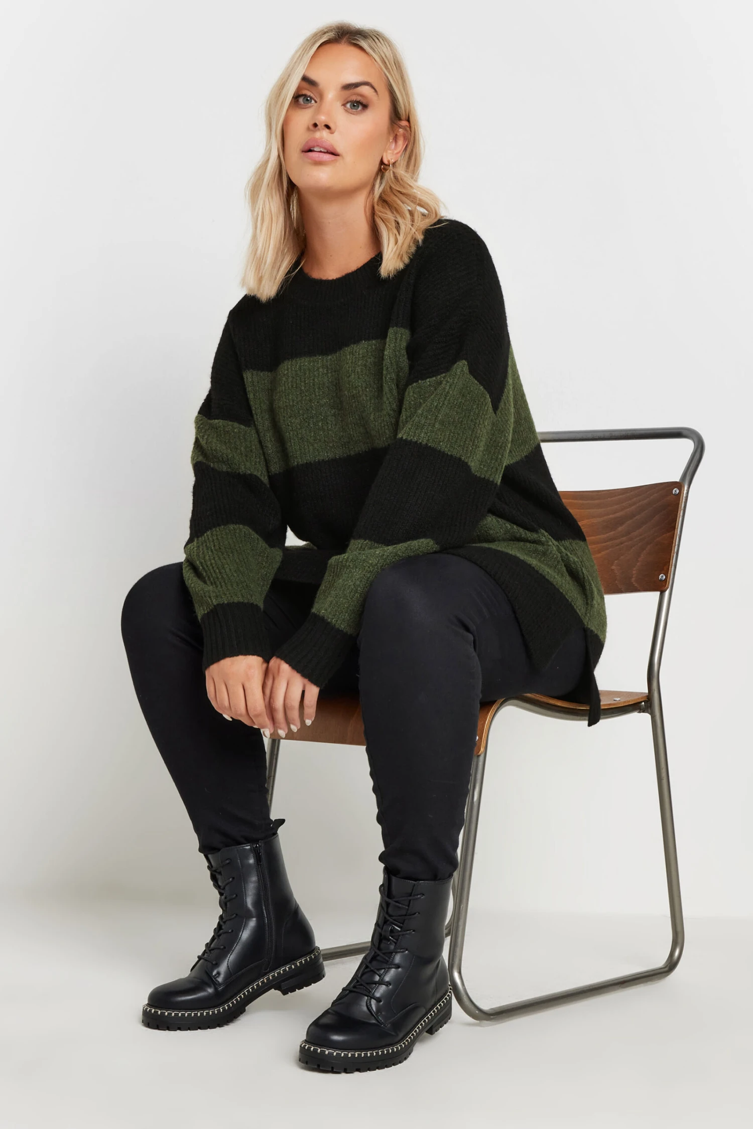 YOURS - Pull Noir & Vert Kaki En Maille à Rayures 5 YOURS - Pull Noir & Vert Kaki En Maille à Rayures – Image 3