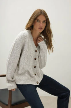 M&Co Grey Button Up Cable Knit Cardigan