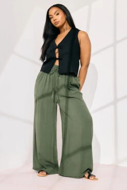 YOURS - Pantalon Wide Leg Plissé à Poches Kaki