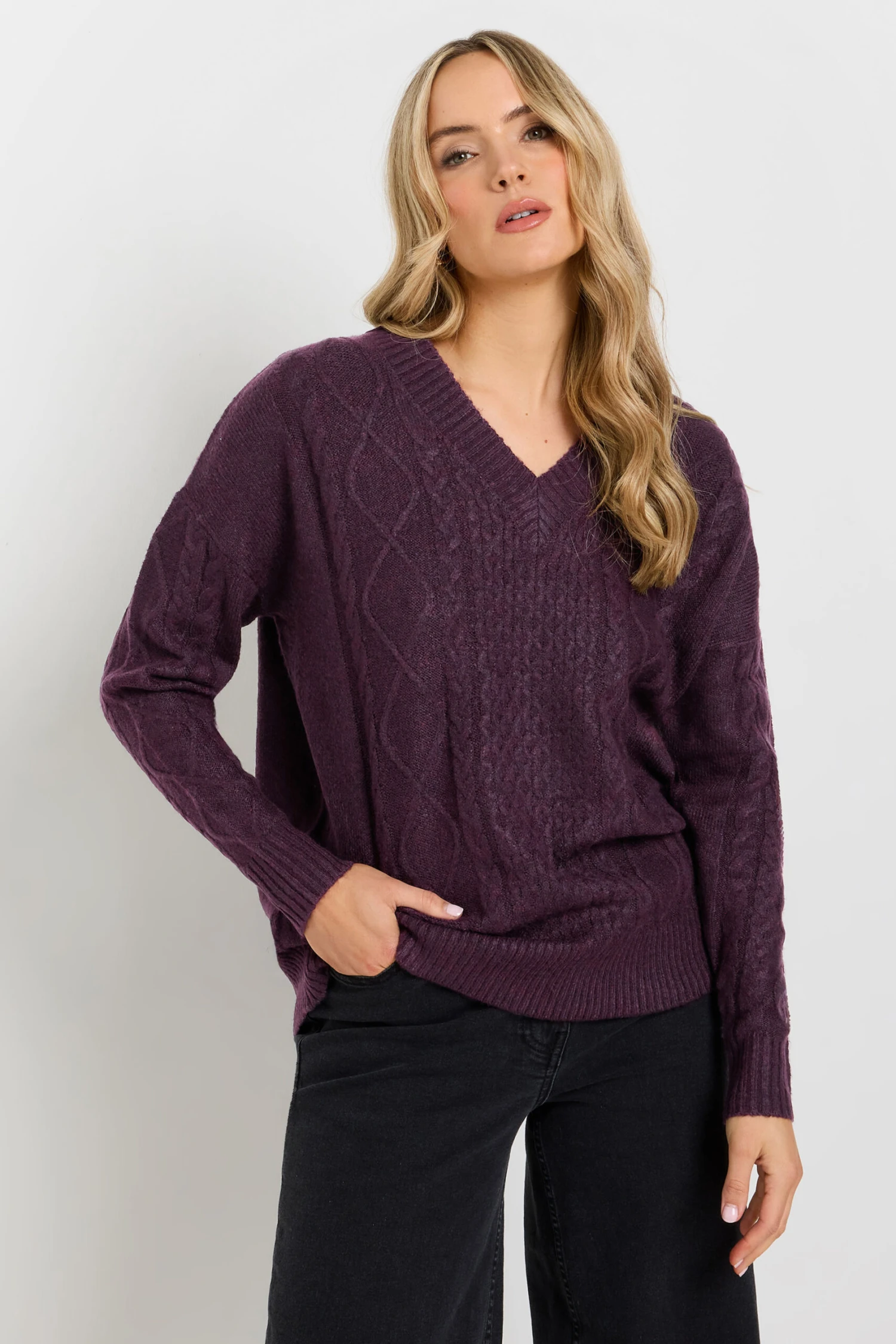 LTS Tall Dark Purple Cable Knit V-Neck Jumper 3 LTS Tall Dark Purple Cable Knit V-Neck Jumper