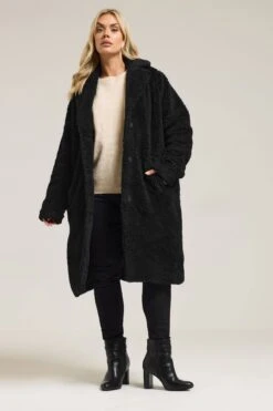 YOURS Curve Manteau Mi-long Noir En Imitation Peau De Mouton