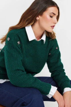 LTS Tall Dark Green Knitted Button Jumper -Evans Boutique d4b5d16e 351d 42 353831 D