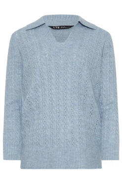 LTS Tall Blue Open Collar Cable Knit Jumper 11 LTS Tall Blue Open Collar Cable Knit Jumper -Evans Boutique d7f1af56 9972 45 353889 X