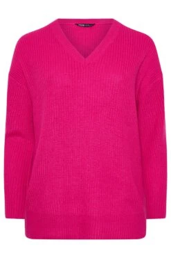 YOURS Curve - Pull Rose Vif à Col En V Et épaules Tombantes