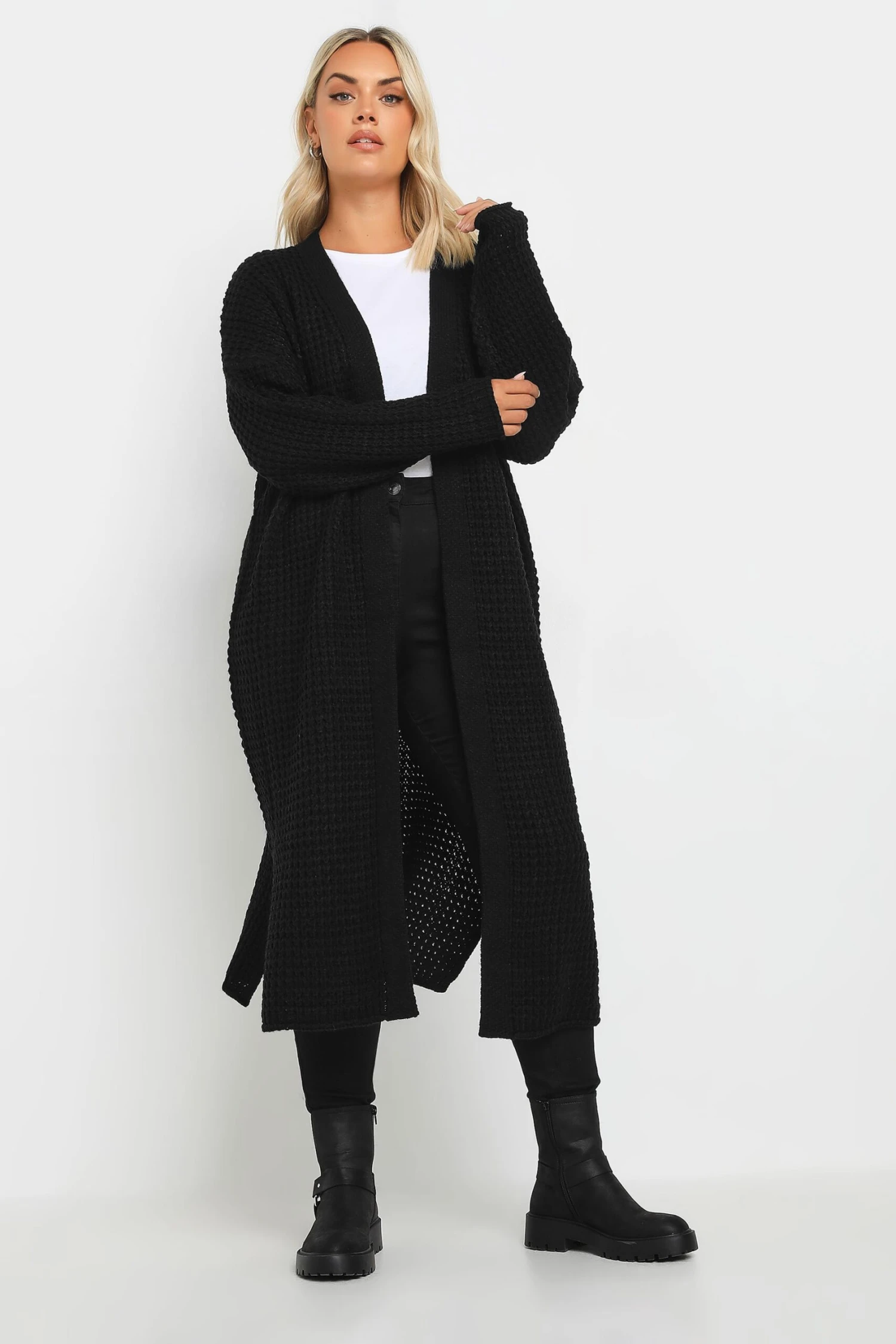 YOURS - Cardigan Maxi Gauffré Noir En Maille