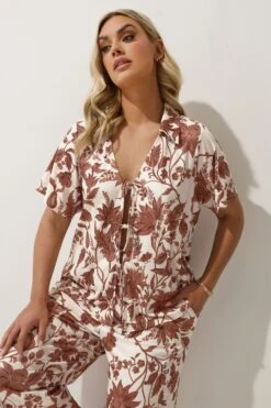 LIMITED COLLECTION - Chemisier Marron & Crème Floral à Noeuds