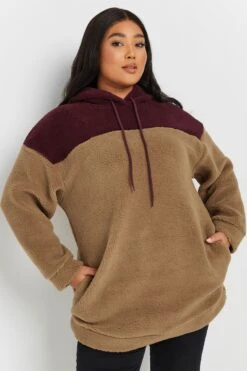 YOURS - Pull à Capuche Marron & Bordeaux En Polaire