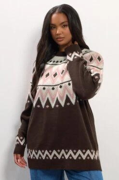 YOURS Curve Pull En Maille Fairisle Marron Chocolat