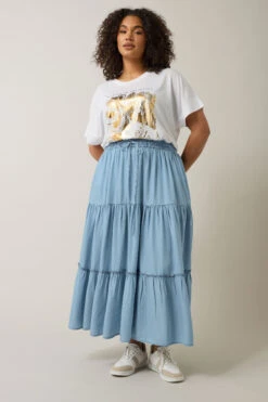 EVANS Curve Light Blue Lyocell Denim Tiered Skirt