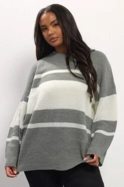 YOURS - Pull Gris & Crème à Rayures En Maille