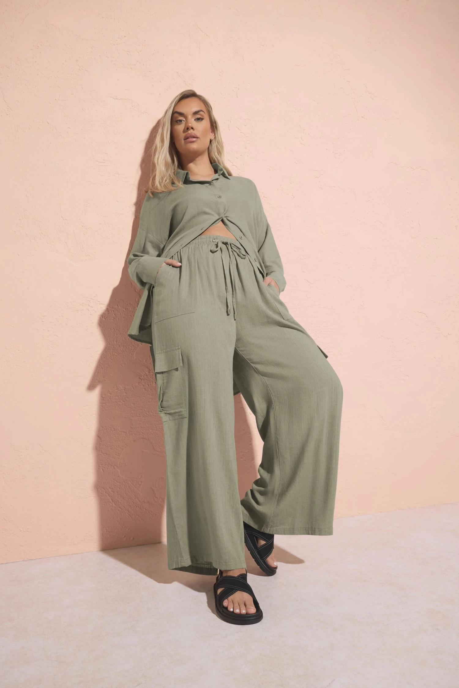 YOURS - Pantalon Wide Leg Cargo Vert Kaki En Lin 3 YOURS - Pantalon Wide Leg Cargo Vert Kaki En Lin