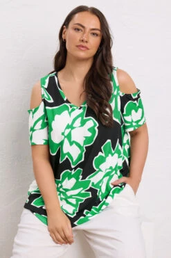 EVANS Curve Green Abstract Floral Cold Shoulder Top -Evans Boutique dc89d8f0 cf2c 4b 615404 A