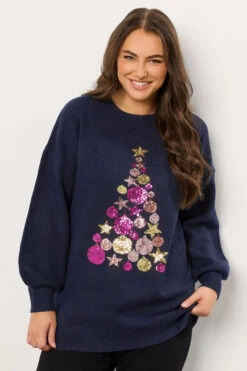 EVANS Curve Navy Blue Sequin Embellished Baubles Christmas Jumper
