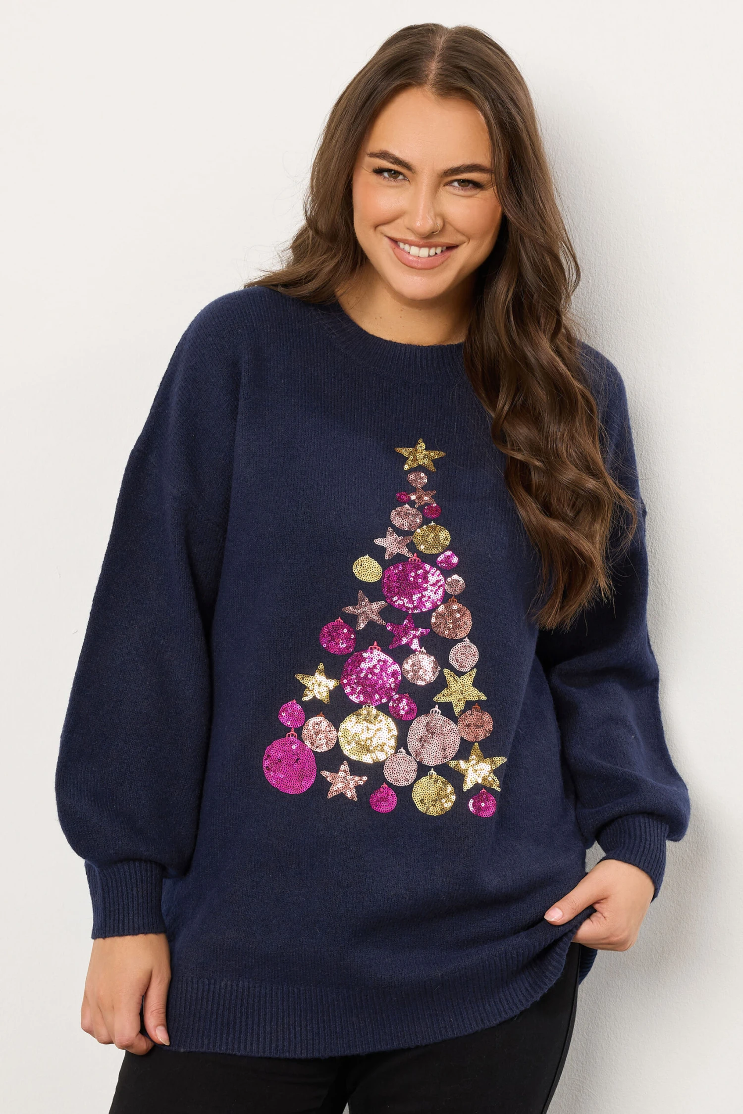 EVANS Curve Navy Blue Sequin Embellished Baubles Christmas Jumper 3 EVANS Curve Navy Blue Sequin Embellished Baubles Christmas Jumper