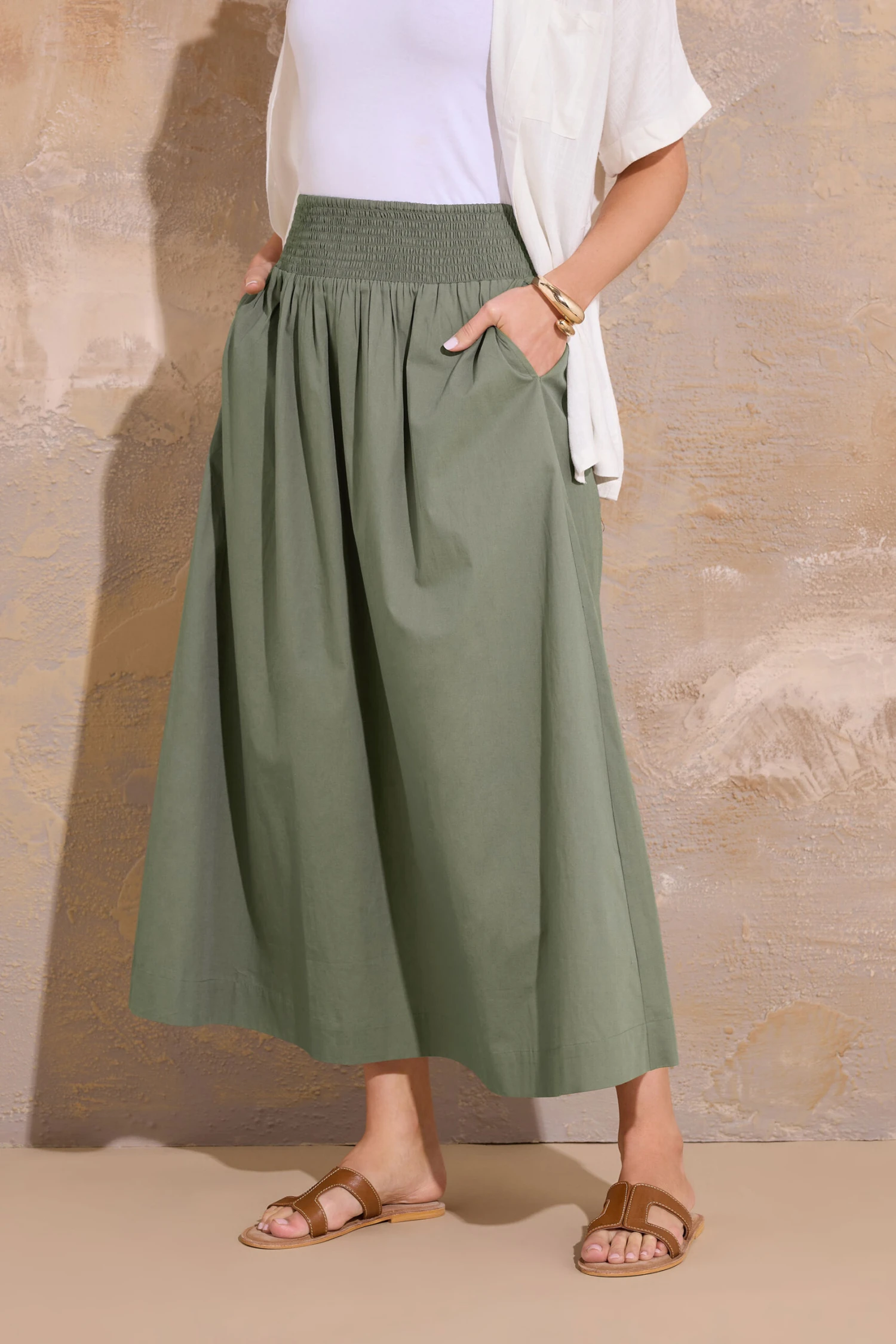 LTS Tall Khaki Green Cotton Shirred Waist Maxi Skirt 4 LTS Tall Khaki Green Cotton Shirred Waist Maxi Skirt – Image 2