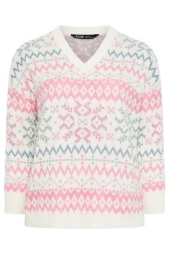 YOURS Curve Pull En Maille Blanche à Col En V Fairisle