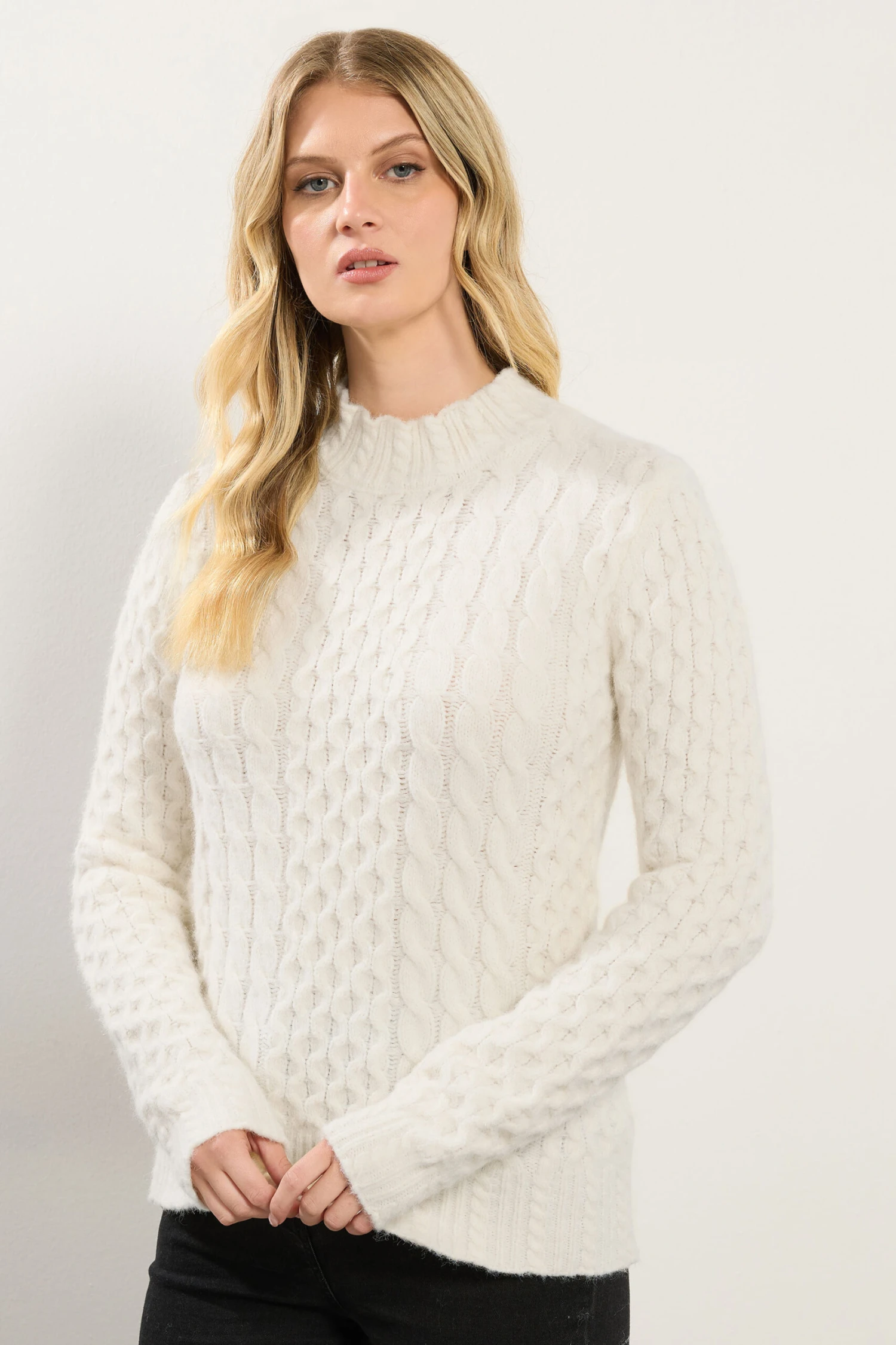 LTS Tall Ivory White Cable Knit Frill Jumper 3 LTS Tall Ivory White Cable Knit Frill Jumper