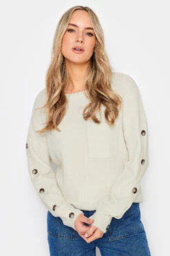 LTS Tall Ivory White Button Long Sleeve Jumper