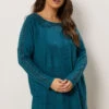 EVANS Curve Teal Blue Eyelet Sleeve Jumper -Evans Boutique e3105755 1f0b 4f 616337 A