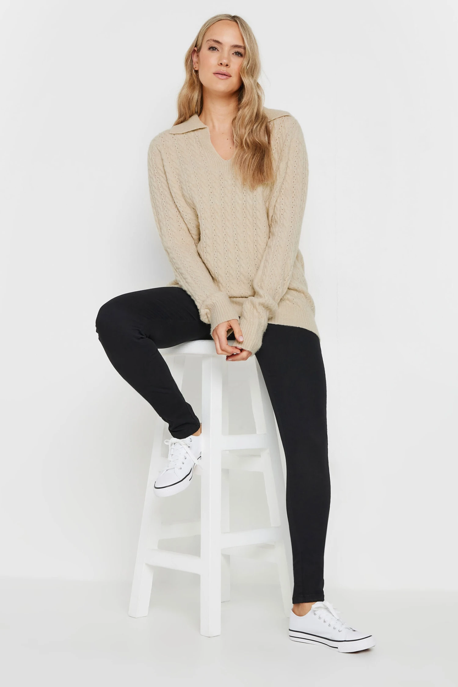 LTS Tall Beige Brown Open Collar Cable Knit Jumper 4 LTS Tall Beige Brown Open Collar Cable Knit Jumper – Image 2
