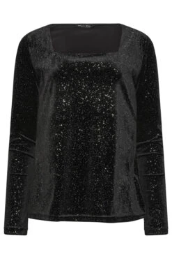 LTS Tall Black Velvet Glitter Square Neck Top -Evans Boutique e3272bab 74ba 4d 356770 X