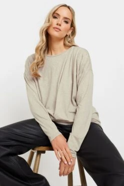 LTS Tall Stone Brown Long Sleeve Draped Front Top