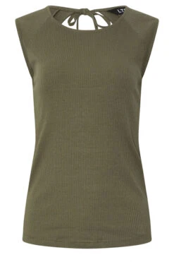 LTS Tall Khaki Green Ribbed Keyhole Tie Vest Top -Evans Boutique e639626a c324 4b 355842 X