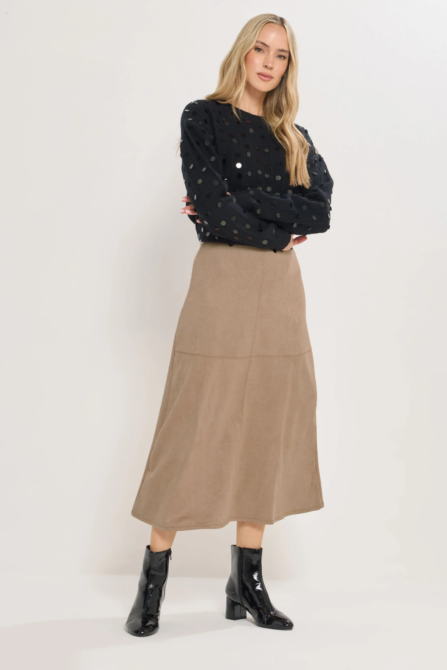 LTS Tall Tan Brown Suedette A-Line Midi Skirt 3 LTS Tall Tan Brown Suedette A-Line Midi Skirt