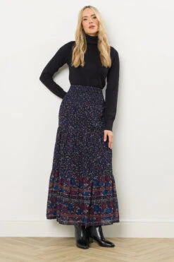 LTS Tall Navy Blue Floral Border Tiered Maxi Skirt