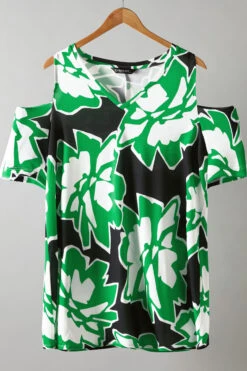 EVANS Curve Green Abstract Floral Cold Shoulder Top -Evans Boutique e6c74c34 e32c 47 615404 P