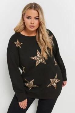 YOURS - Sweatshirt Noir Étoiles Sequins Léopard Manches Longues -Evans Boutique e76f1d56 31dc 41 303833 A1