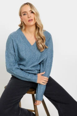 LTS Tall Blue Cable Knit V-Neck Jumper