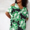 EVANS Curve Green Abstract Floral Cold Shoulder Top -Evans Boutique eae0cd1c 3b3c 43 615404 L1