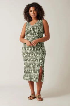 EVANS Curve Olive Green Ikat Print Crinkle Midi Skirt -Evans Boutique ebc9bc9a f223 43 615513 B