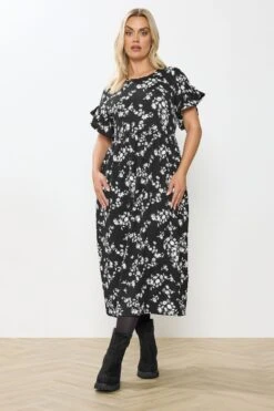 YOURS Curve Robe Longue Noire à Fleurs Et Manches à Volants