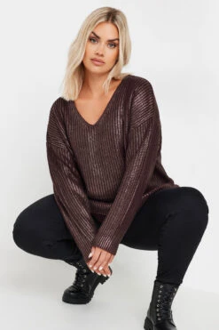 YOURS - Pull En Maille Bordeaux Métallique Manches Longues -Evans Boutique ed2cf280 cc85 46 280423 A